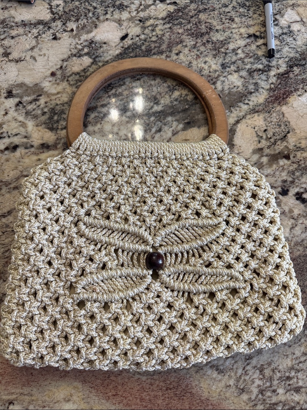 Cream Crochet macrame Handbag with Wooden Handles lined